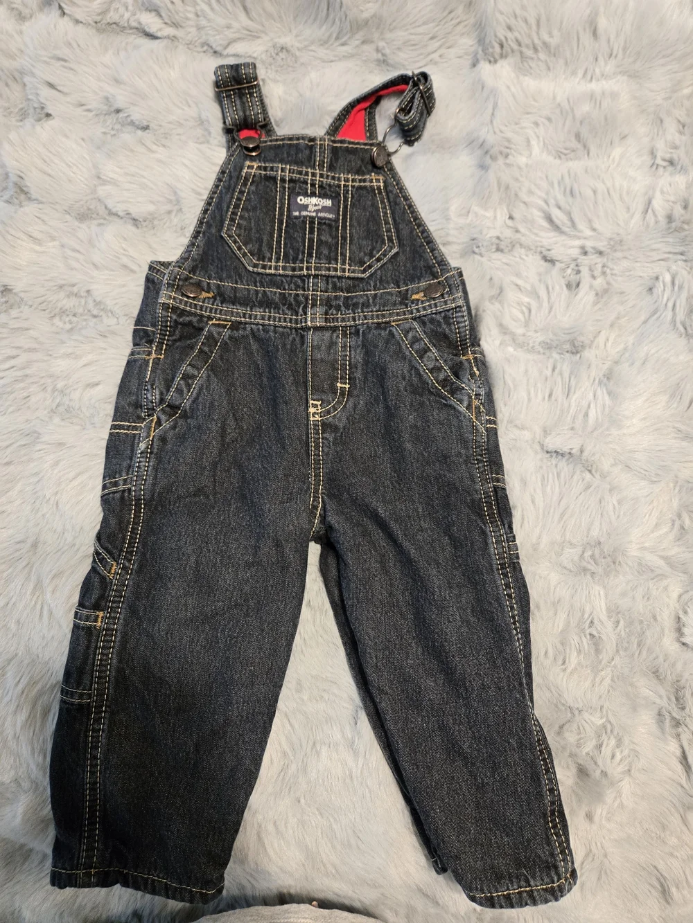OshKosh B'gosh Red Fleece Lined Dark Wash Carpenter Overalls 12M